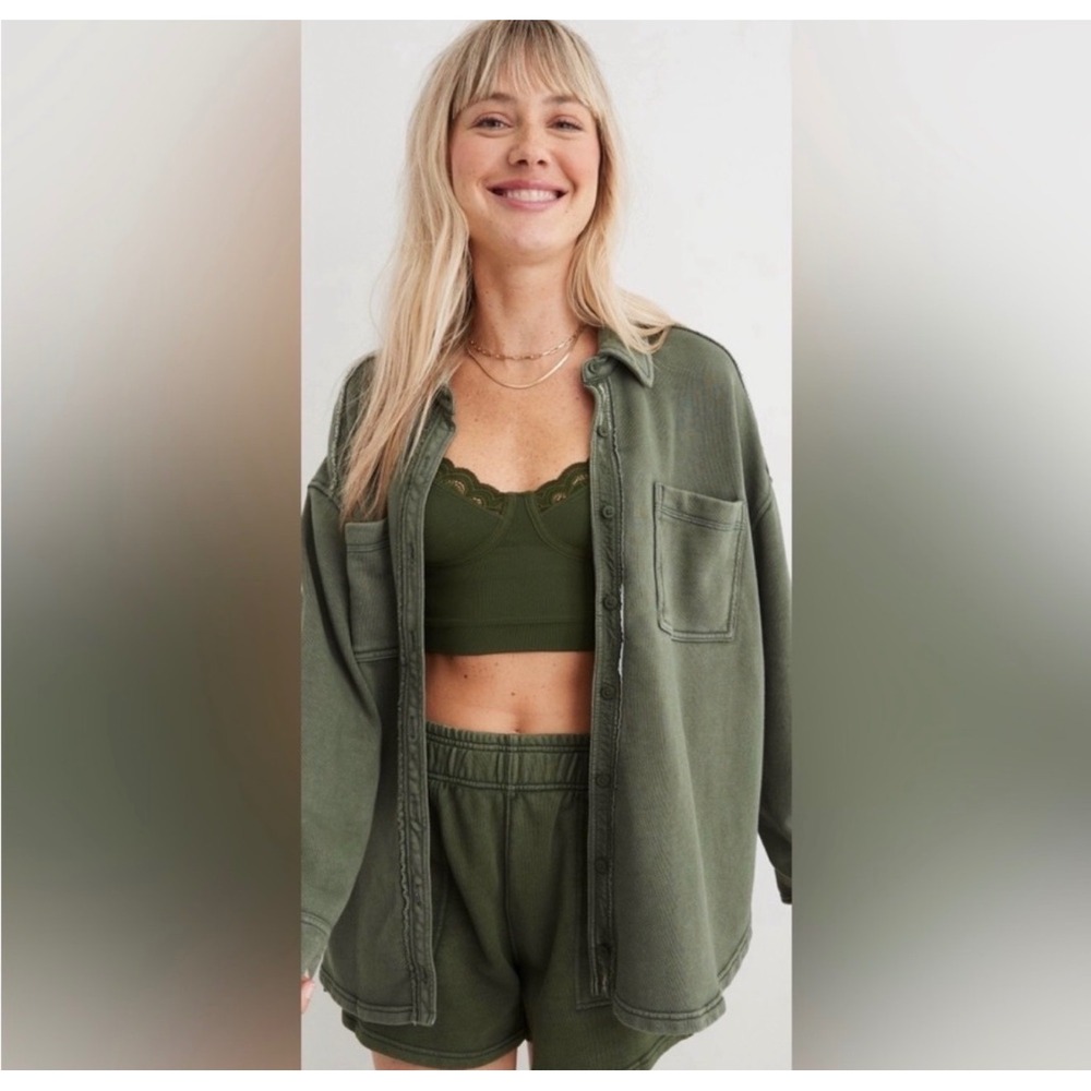 Aerie LumberJane Shirt Olive Green French Terry Button Down Shacket XS